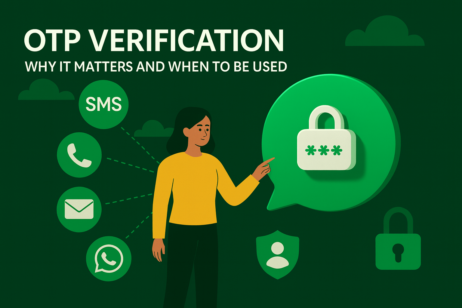 تصميم بصري يوضح مفهوم التحقق عبر الرمز المؤقت OTP مع رموز SMS وWhatsApp والبريد الإلكتروني وقفل أمان، للدلالة على حماية الحسابات الرقمية.