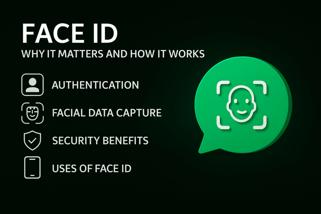 Face ID infographic showing authentication, facial data capture, security benefits, and use cases on a dark green background with a facial recognition icon.