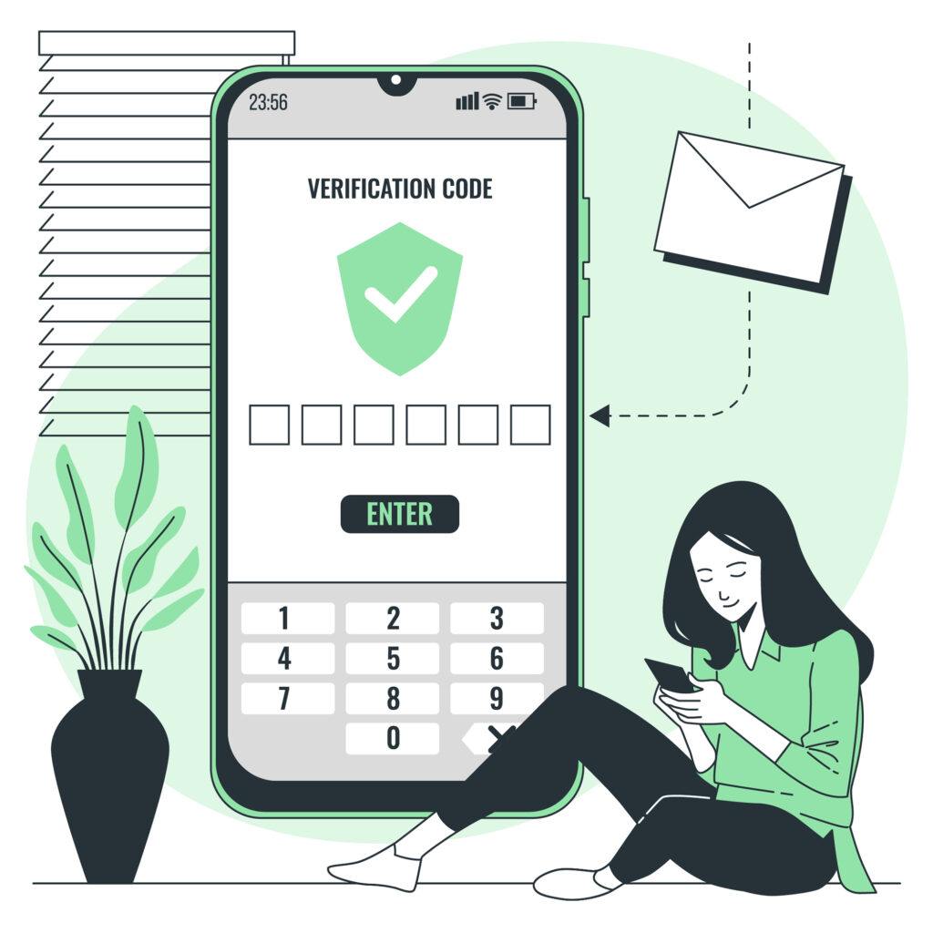 رسم توضيحي لمستخدم يدخل رمز التحقق لمرة واحدة (SMS OTP) على شاشة هاتفه المحمول