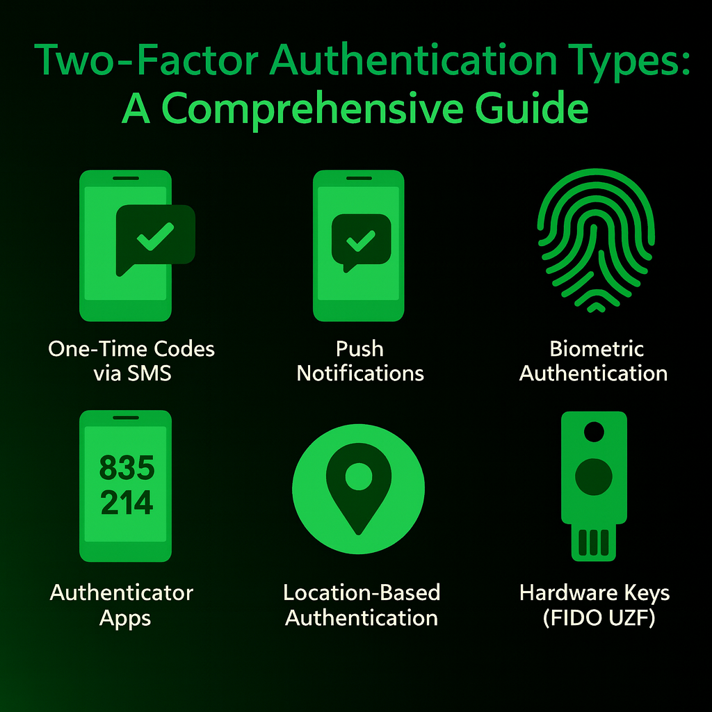 Infographic showing different types of two-factor authentication, including SMS codes, push notifications, authenticator apps, biometrics, and hardware keys.