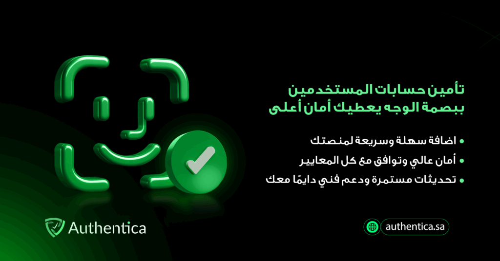 صورة ترويجية من Authentica توضح أمان الحسابات عبر تقنية التعرف على الوجه (Face ID) مع تكامل سريع وأمان عالي ودعم فني مستمر باللونين الأسود والأخضر النيون.