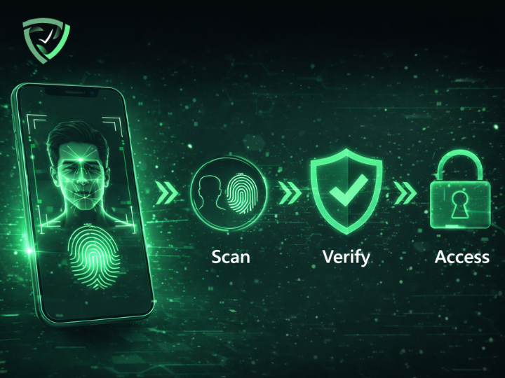 Illustration of biometric authentication process showing face recognition and fingerprint verification for secure access