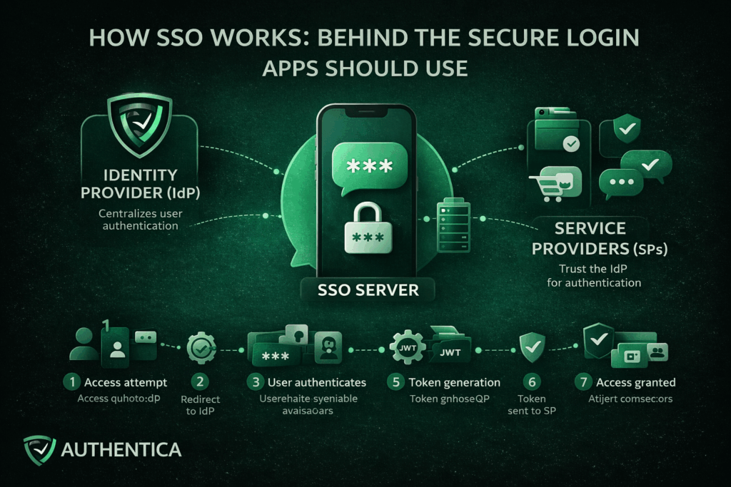Single Sign-On (SSO) workflow infographic showing Identity Provider, SSO server, authentication tokens, and service providers with secure login flow by Authentica